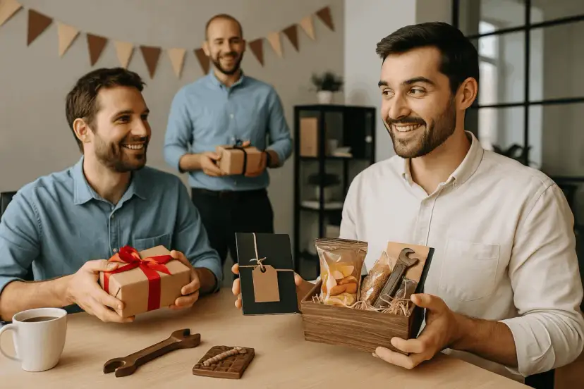 Uśmiechnięci mężczyźni otrzymują prezenty. Jeden z nich trzyma pudełko z narzędziami i słodyczami – idealne gadżety na urodziny.