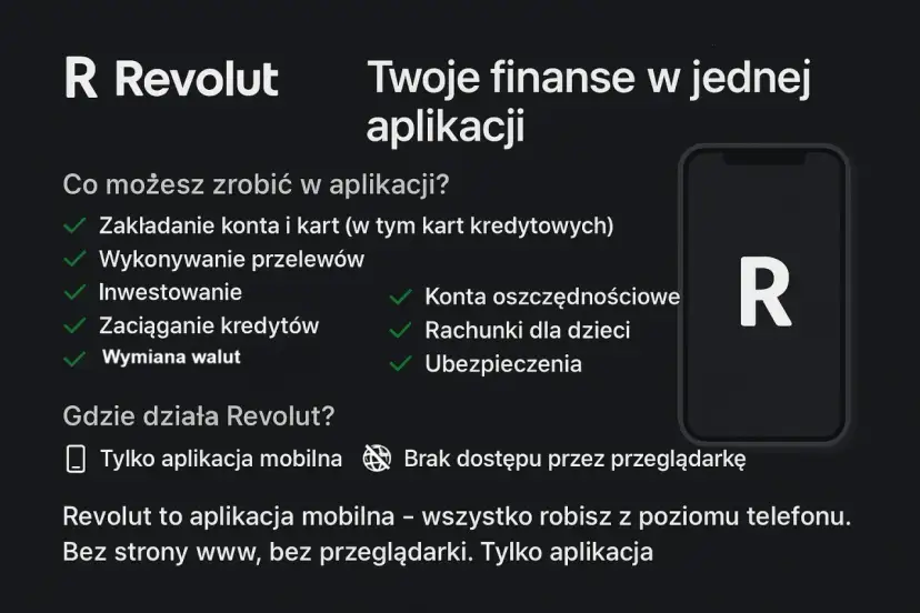 Revolut: Twoje finanse w jednej aplikacji. Załóż konto, wymieniaj waluty, inwestuj. Dostępne tylko przez aplikację mobilną.