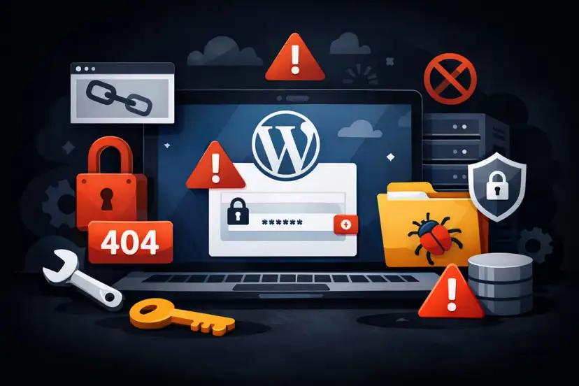 Ilustracja pokazuje laptop z ikonami błędów, kłódkami i kluczem, sugerując jak zresetować przeglądarkę po problemach z bezpieczeństwem.