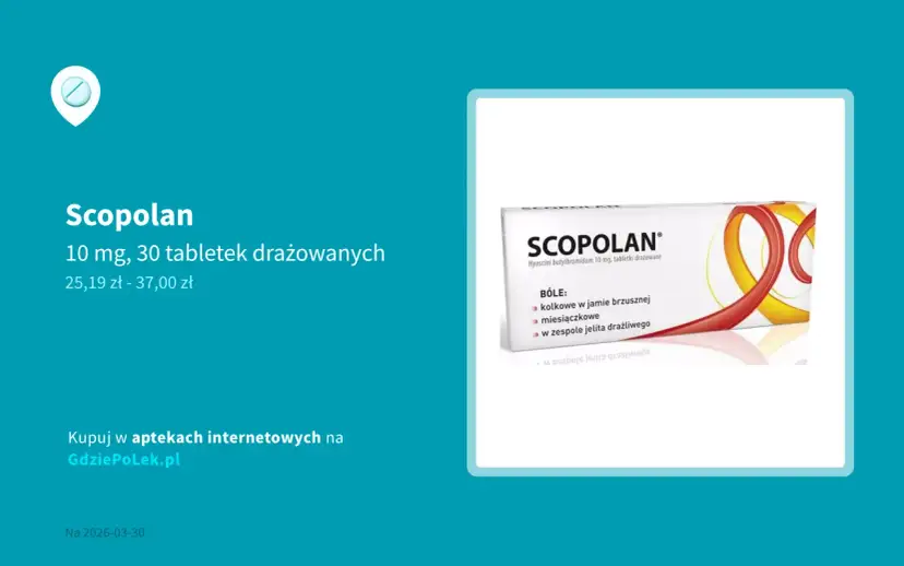 Opakowanie Scopolan 10 mg, 30 tabletek drażowanych. Czy Scopolan jest na receptę? Informacje o lekach i ich dostępności.