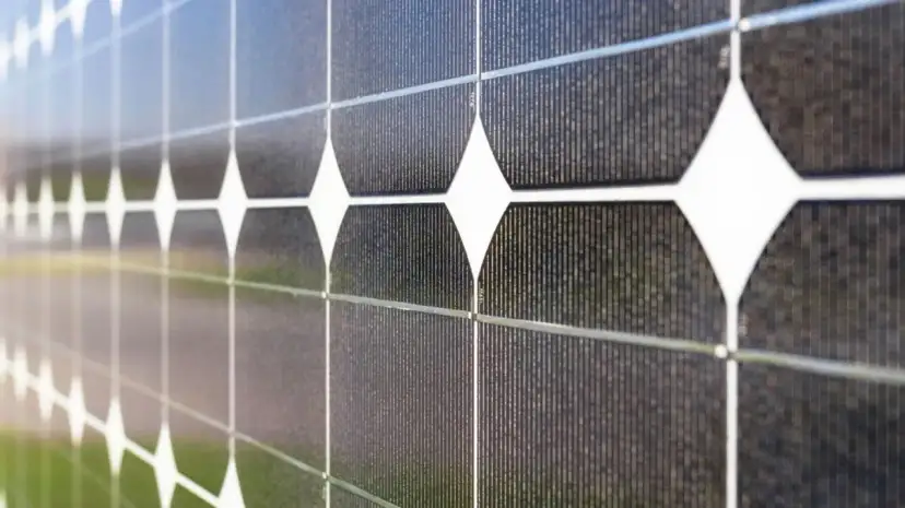 Zbliżenie na rządowe ogrodzenie z paneli fotowoltaicznych, które pochłaniają światło słoneczne.