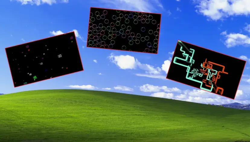 Trzy czarne prostokąty unoszą się nad zielonym wzgórzem, przypominając wygaszacz ekranu Windows 11. Jeden zawiera kolorowe bańki, drugi ikony, a trzeci abstrakcyjne, kolorowe rury.