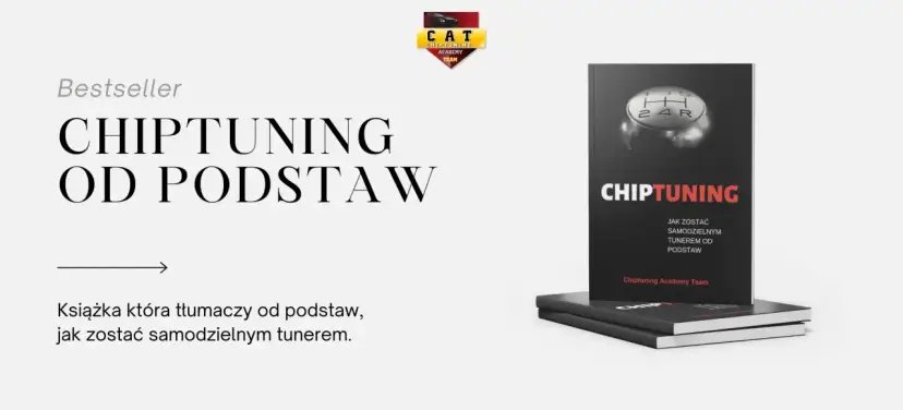Okładka książki "Chiptuning od podstaw" ze zdjęciem gałki zmiany biegów i logo akademii.