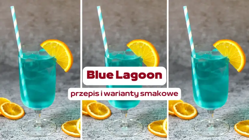 Trzy identyczne drinki Blue Lagoon z plasterkiem pomarańczy i niebieską słomką, otoczone plasterkami pomarańczy.