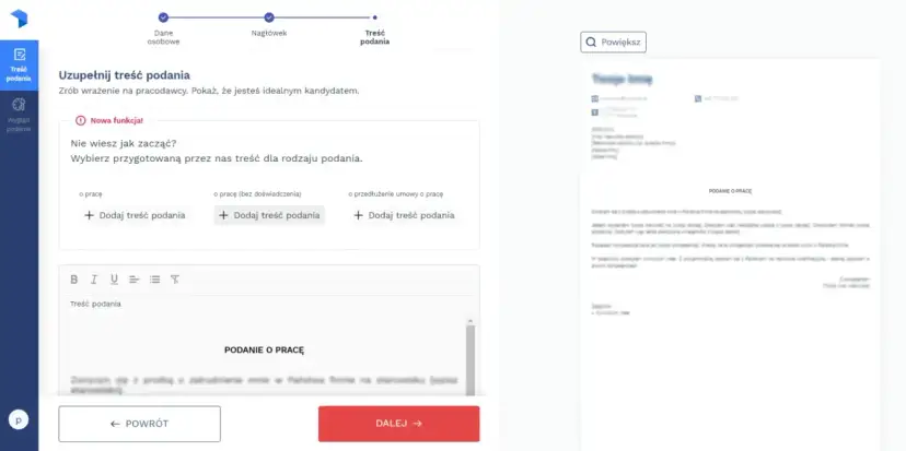 Interfejs edytora podania o staż z opcjami dodawania treści i podglądem dokumentu.