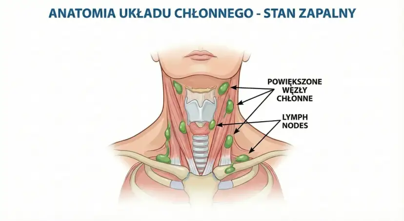 Anatomia układu chłonnego - stan zapalny. Widoczne powiększone węzły chłonne na szyi.