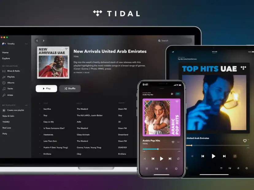Ekran laptopa, tabletu i telefonu z interfejsem aplikacji muzycznej TIDAL.