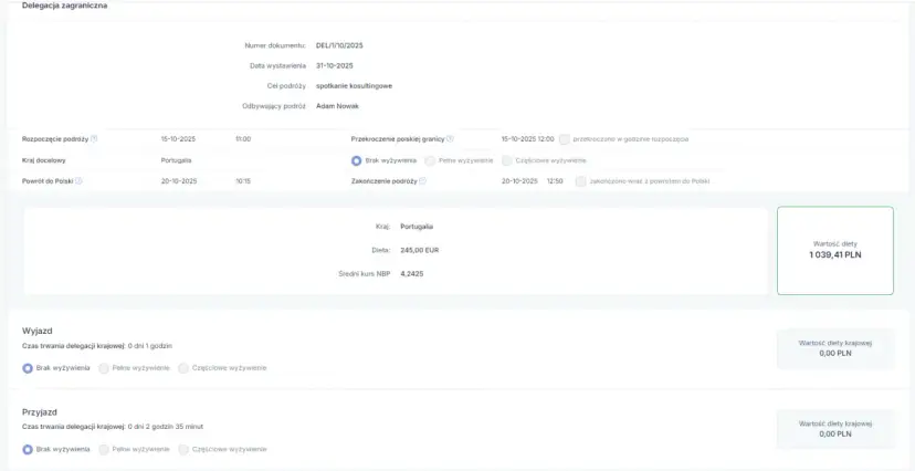 Delegacja do Portugalii, dieta 245 EUR. Wartość diety 1039,41 PLN.