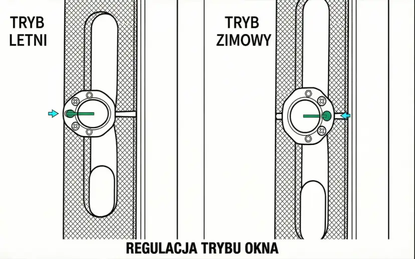 Ilustracja pokazuje, jak regulować okna plastikowe. Po lewej "tryb letni", po prawej "tryb zimowy".