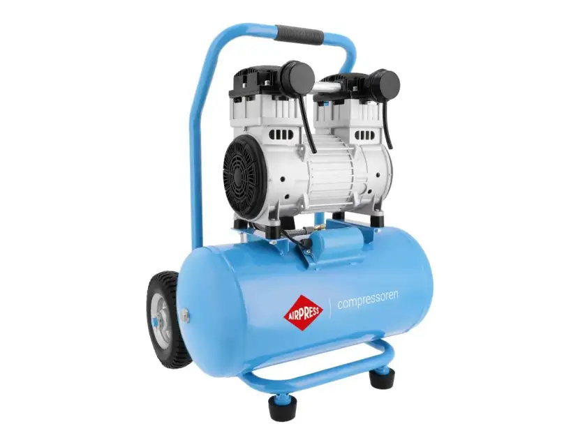 Niebieski kompresor z uchwytem i kółkami. Logo AIRPRESS i napis "compressoren" sugerują, że to firma produkująca sprężarki.