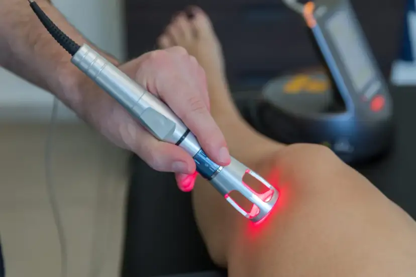 Terapeuta stosuje laser w rehabilitacji, przykładając go do kolana pacjenta. Czerwone światło lasera wskazuje, jak działa laser w rehabilitacji.