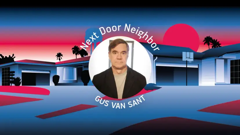 Gus Van Sant, "Next Door Neighbor". W jego oczach widać niepokój ostatnich dni. Stylizowana grafika z palmami i domami.