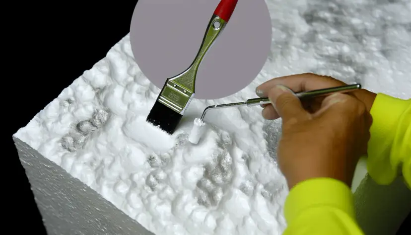 Ręka w żółtej bluzie maluje białą farbą styropian za pomocą pędzla i małego wałka. Dowiedz się, czym pomalować styropian.