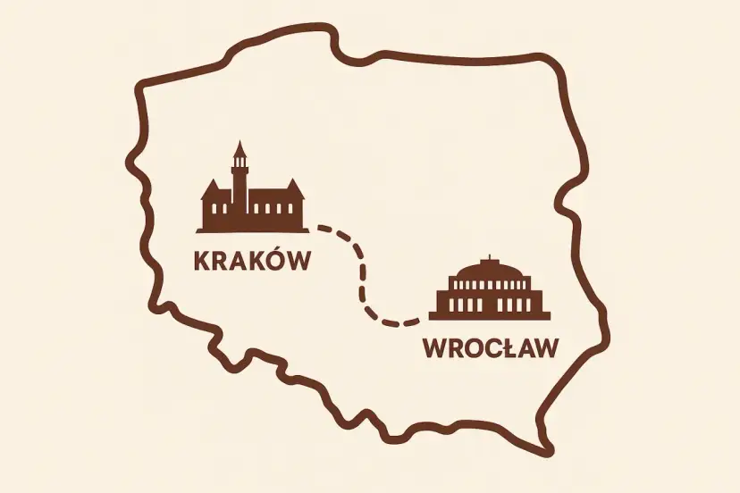 Mapa Polski z zaznaczonymi zabytkami Krakowa i Wrocławia. Linia przerywana pokazuje wrocław kraków odległość.