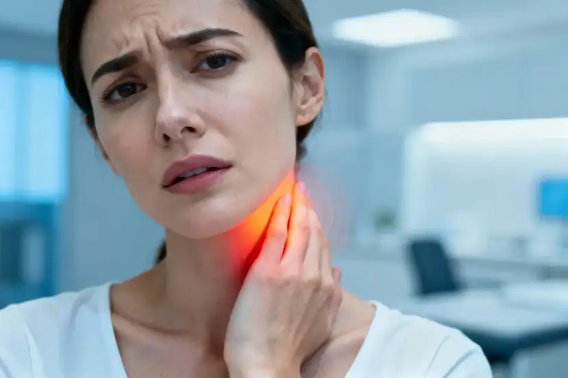 Kobieta z bólem gardła, trzymająca się za zaczerwienioną szyję.