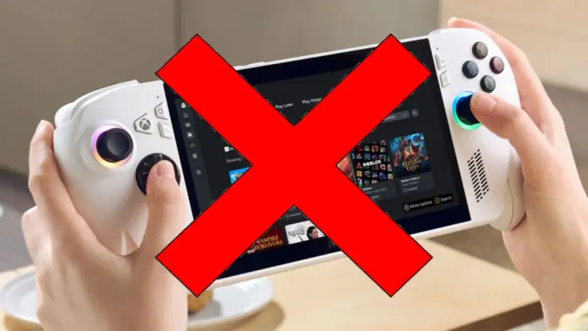 Ręce trzymają biały handheld gamingowy, podobny do Xbox Rog Ally X, z wielkim czerwonym krzyżem na ekranie.