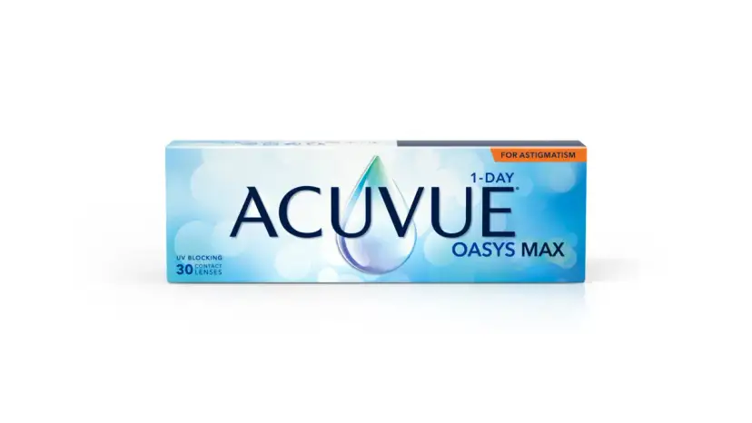 Opakowanie soczewek kontaktowych ACUVUE OASYS MAX 1-DAY dla astygmatyków. Poznaj soczewki kontaktowe plusy: komfort i wyraźne widzenie.
