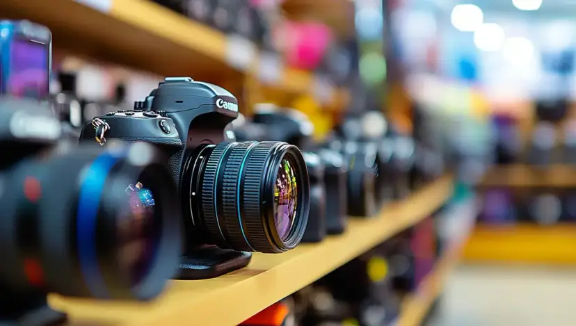 Rząd aparatów na półce, od lewej: lustrzanka czy bezlusterkowiec? Wybór dla fotografa.