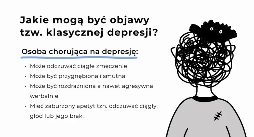 Ilustracja przedstawia postać z chaotyczną czarną głową i smutnymi oczami, symbolizującą depresję.