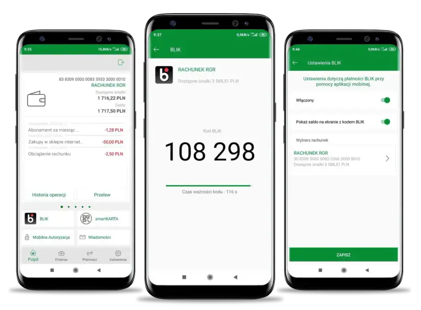Trzy ekrany smartfonów pokazujące aplikację bankową z kodem BLIK i ustawieniami.