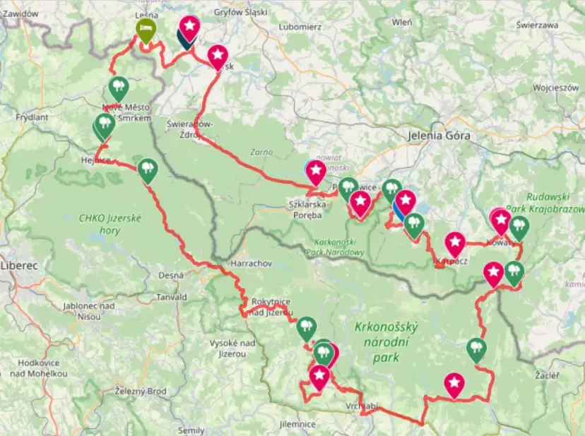 Mapa z zaznaczonymi trasami motocyklowymi i punktami widokowymi w Karkonoszach i Górach Izerskich.