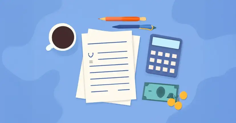 Dokumenty, kalkulator, pieniądze i kawa – wszystko gotowe do przygotowania uzasadnienie wniosku o zapomogę z powodu choroby.