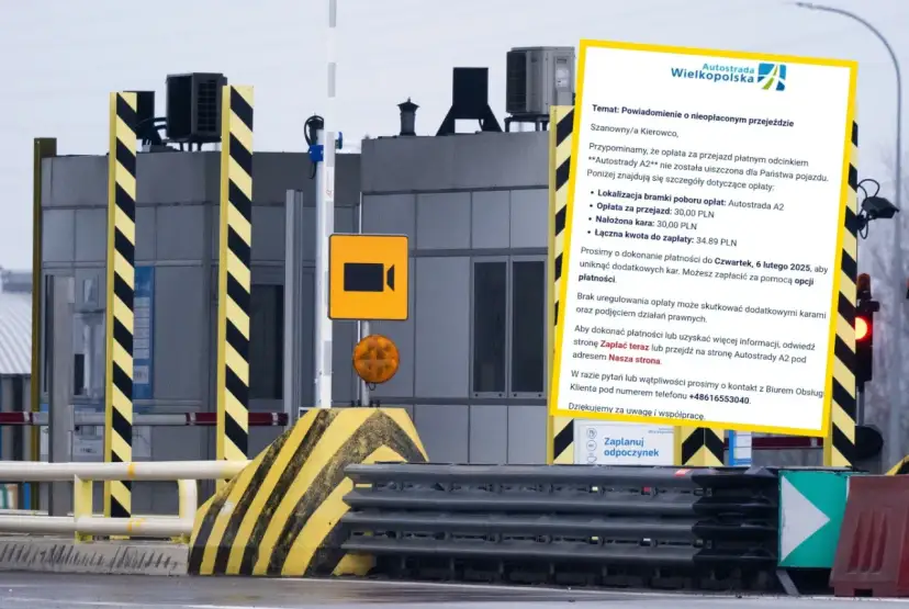 Bramki autostradowe A2 z żółto-czarnymi pasami i żółtym znakiem kamery.