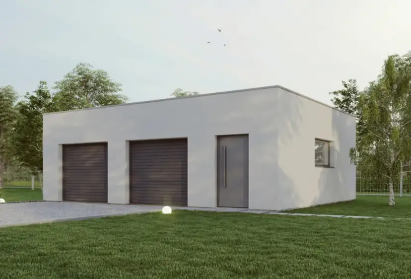Nowoczesny garaż z płaskim dachem przy domu, z dwoma bramami i drzwiami. Otoczony zielenią, z oświetleniem ogrodowym.