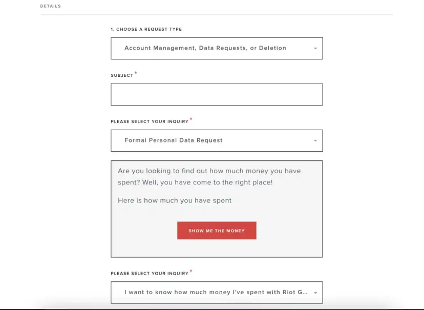 Formularz z opcjami wyboru typu zgłoszenia, pola na temat i zapytanie, z przyciskiem "SHOW ME THE MONEY".