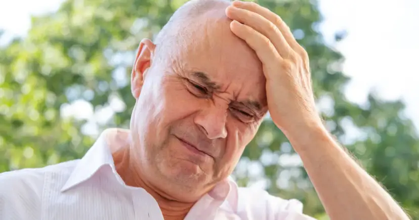 Mężczyzna z ręką na czole, cierpiący z powodu ataków złości, które mogą być objawem choroby.