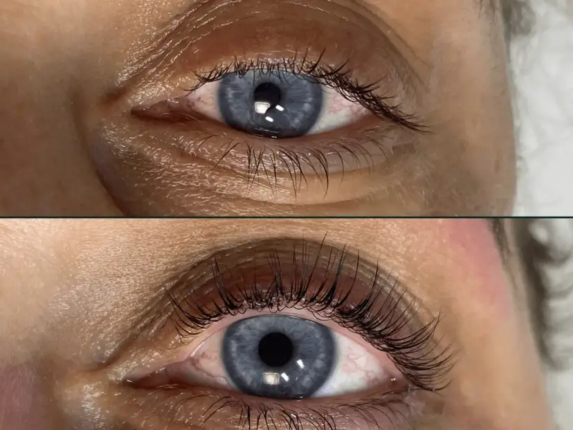 Przed i po laminacji rzęs: porównanie efektów na oku.