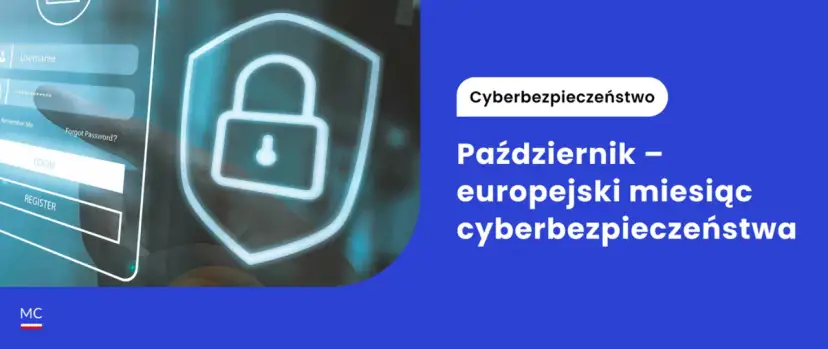 Palec dotyka ekranu z formularzem logowania, obok symbolu kłódki na tarczy. Październik to europejski miesiąc cyberbezpieczeństwa, przypominający o zasadach bezpiecznego internetu.