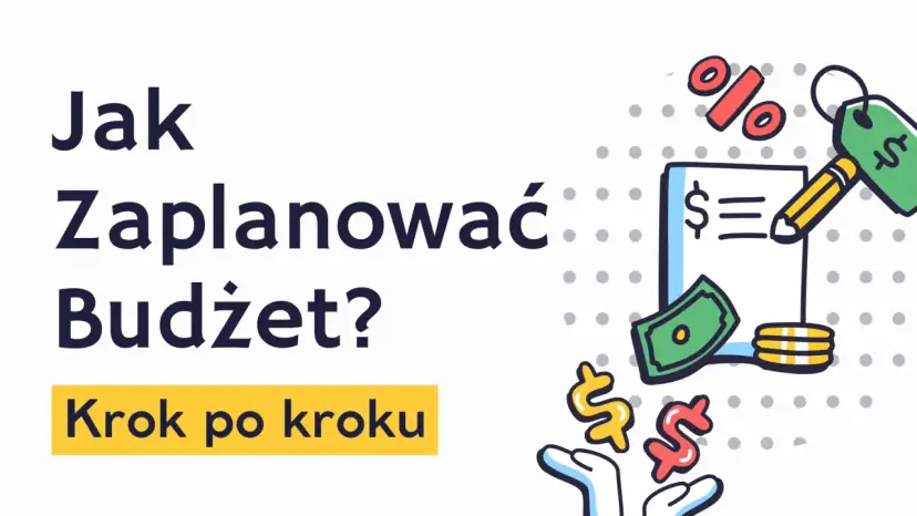 Jak zaplanować budżet domowy krok po kroku? Ilustracja pokazuje dokument z symbolem dolara, pieniądze, monety, procenty i ręce.