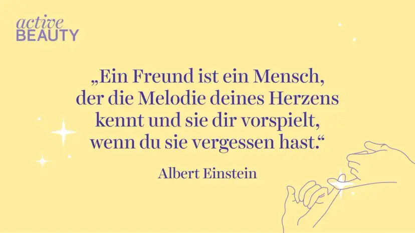 Ein Zitat von Albert Einstein über Freundschaft mit Illustration von zwei Fingern, die sich berühren.