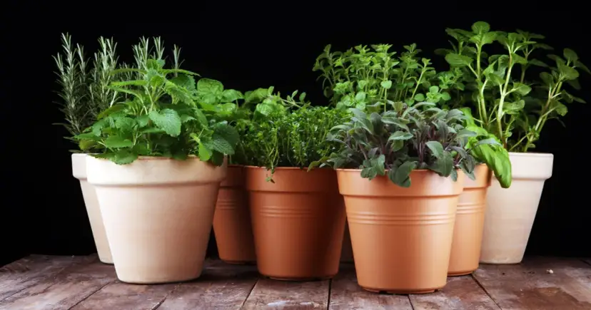 Zioła na energię w glinianych doniczkach: rozmaryn, melisa, tymianek, szałwia i mięta. Naturalny zastrzyk witalności.