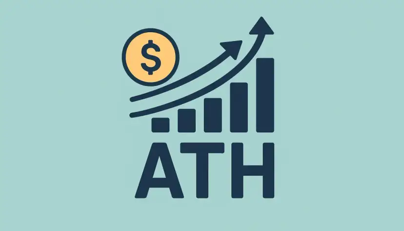 Wykres słupkowy z rosnącymi strzałkami i monetą z dolarem, symbolizujące osiągnięcie ATH (All-Time High).