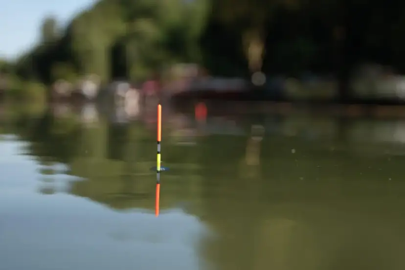 Pomarańczowy spławik wędkarski na wodzie, z rozmytym tłem.