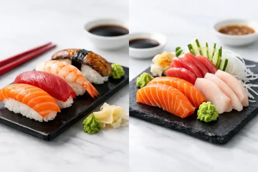 Dwa talerze z różnorodnym sushi i sashimi: łosoś, tuńczyk, krewetka, węgorz, biała ryba. Podane z wasabi i imbirem.