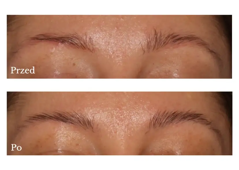 Przed i po makijażu permanentnym brwi. Henna podkreśla efekt, nadając im naturalny wygląd.