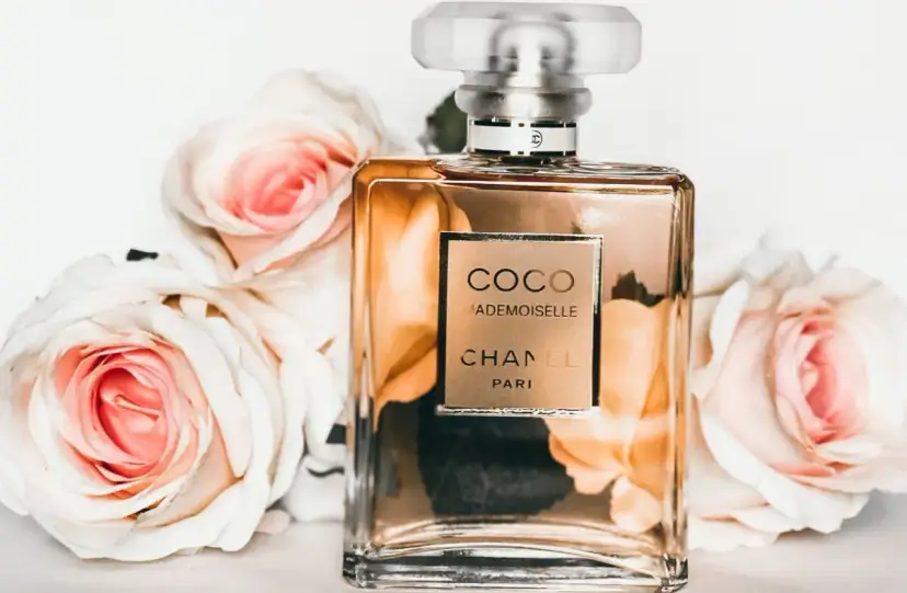 Flakon perfum Chanel Coco Mademoiselle otoczony różowymi różami.