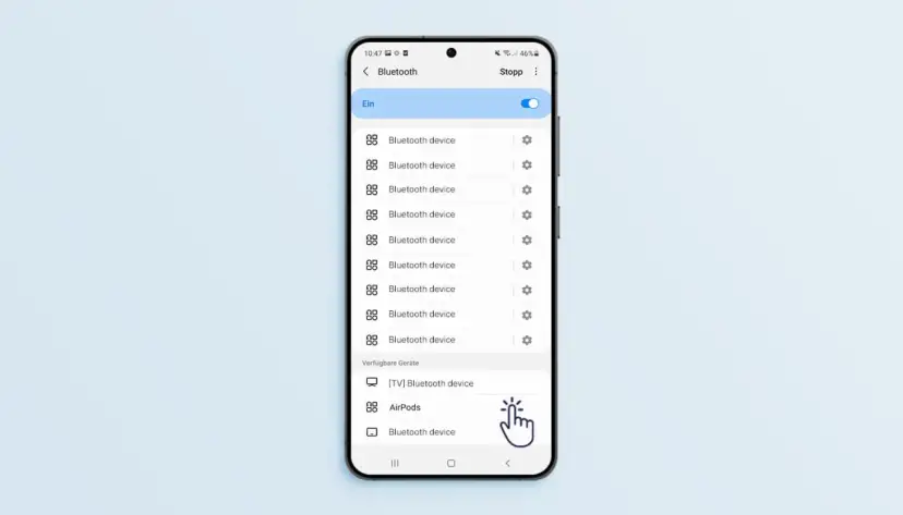 Smartphone-Bildschirm zeigt Bluetooth-Einstellungen mit AirPods als verfügbares Gerät.