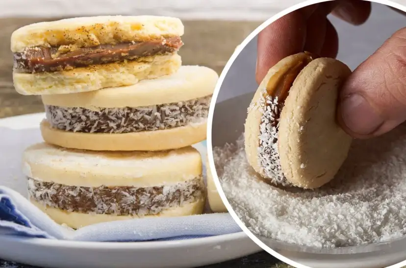 Pyszne Alfajores przepis: kruche ciasteczka przełożone kajmakiem i obtoczone w wiórkach kokosowych. Idealne na deser!