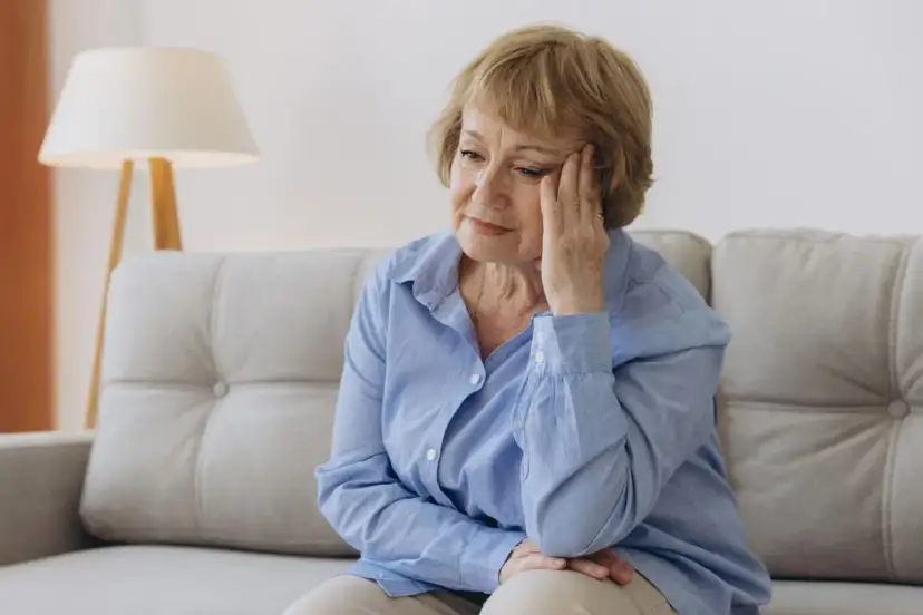 Zamyślona starsza pani siedzi na kanapie, zastanawiając się, co odpisać na tęsknię.