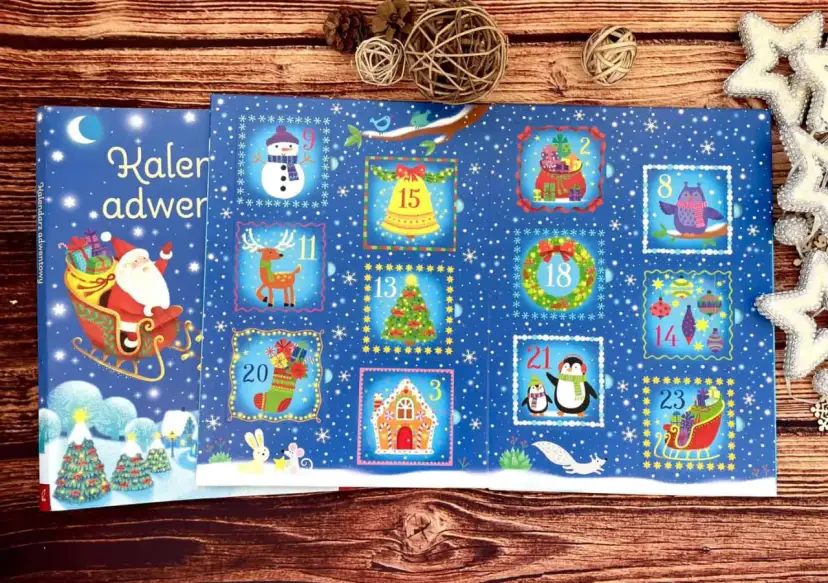 Kolorowy kalendarz adwentowy Wilga z Mikołajem i świątecznymi obrazkami. Odliczaj dni do świąt z reniferem, bałwanem i pingwinami.