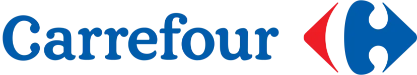 Logo Carrefour z niebieskim napisem i charakterystycznym symbolem strzałki w kolorach czerwonym i niebieskim.