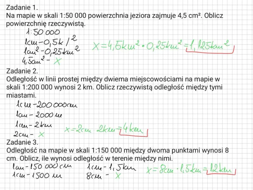 Zadanie 2: odległość między miastami na mapie w skali 1:200 000 wynosi 2 km. Obliczono rzeczywistą odległość.