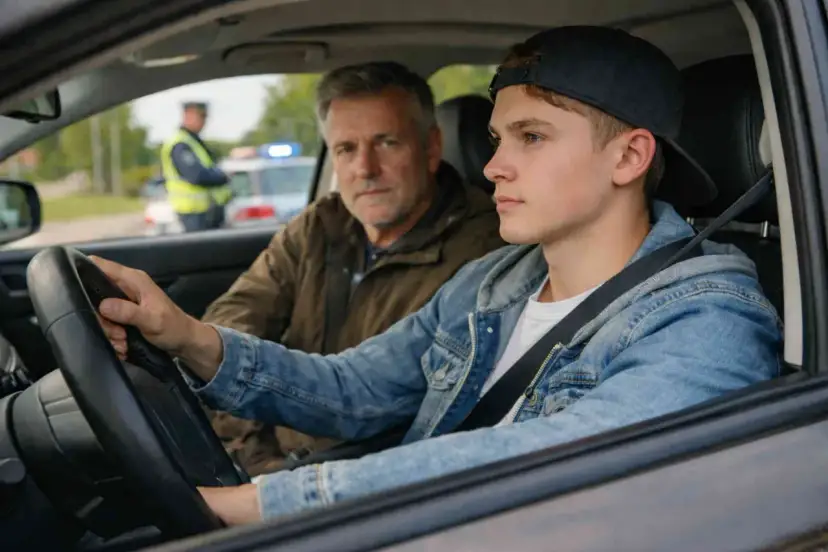 Młody kierowca i starszy mężczyzna w samochodzie, w tle policja.