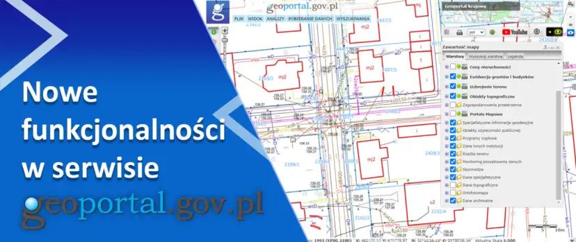 Fragment mapy geodezyjnej z zaznaczonymi działkami i panel boczny z warstwami mapy.