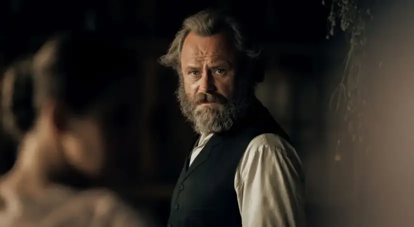 Mężczyzna z filmu Znachor, z siwą brodą i zmierzwionymi włosami, stoi w mrocznym wnętrzu. Gdzie jest młyn z filmu Znachor?