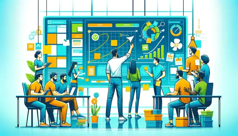 Zespół ludzi przygląda się tablicy z wykresami i danymi, dyskutując o projektach.